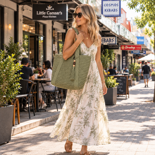 Our global finds Classic woven tote in olive green, carries by a woman on a cafe strip. available in Australia and with free delivery