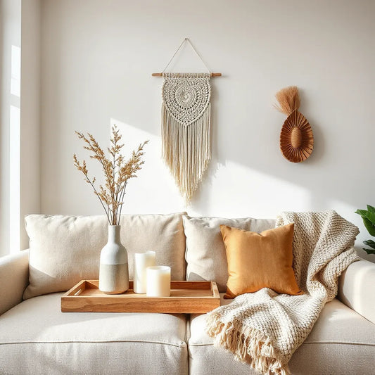 Curated handcrafted home decor in a bright living room with macramé, ceramics, candles, and dried botanicals
