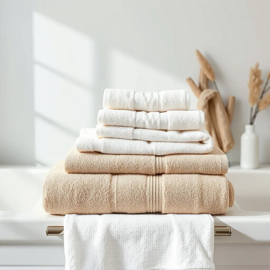 Neatly folded 100% cotton bath towels with visible soft, fluffy texture in a bright bathroom