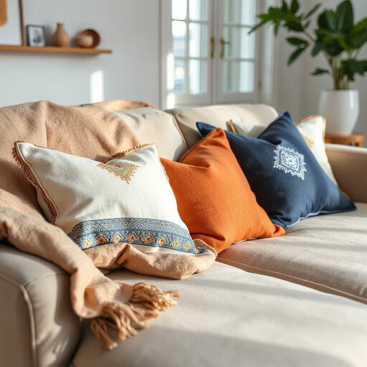 Layered Turkish cushion covers with embroidered patterns on a neutral sofa in soft daylight.