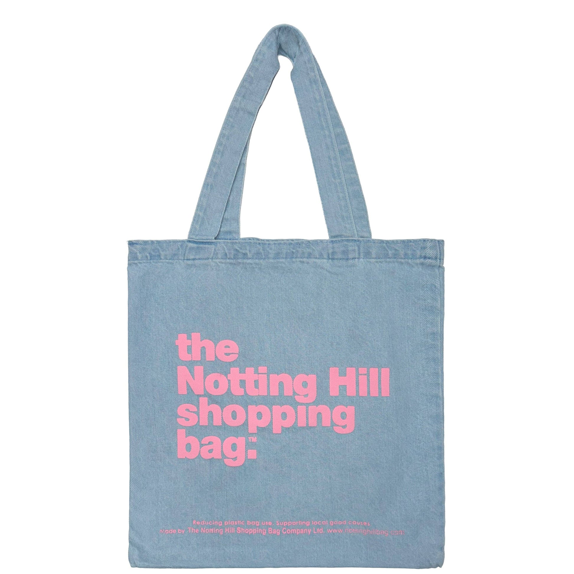 Light blue denim Notting Hill Lifestyle Tote with pink logo by the Original Notting Hill Shopping Bag Company