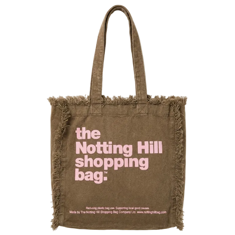 Brown Frayed Notting Hill Lifestyle Tote by the Original Notting Hill Shopping Bag Company with signature frayed edge detailing