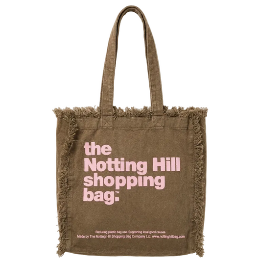 Brown Frayed Notting Hill Lifestyle Tote by the Original Notting Hill Shopping Bag Company with signature frayed edge detailing