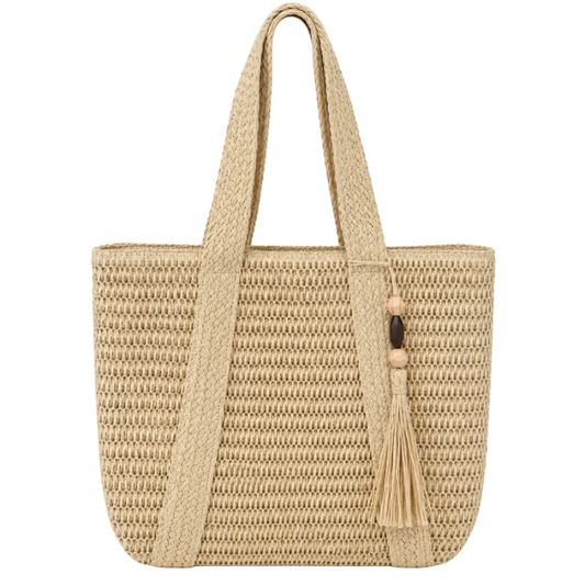 Our global finds Classic woven tote  in natural beige with decorative tassel. available in Australia and with free delivery