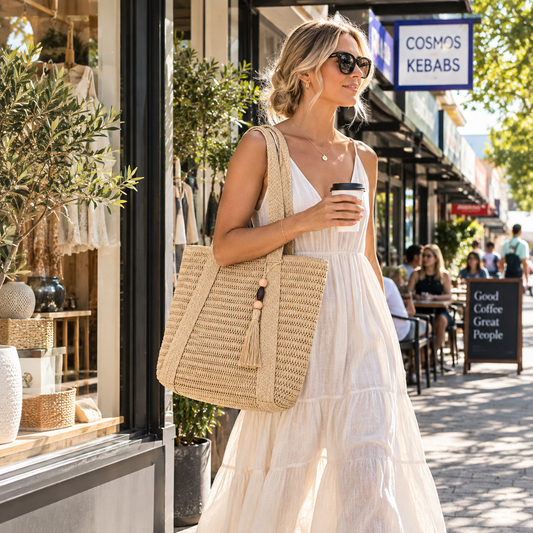 Our global finds Classic woven tote  in natural beige with decorative tassel, carried by a woman on a cafe strip.available in Australia and with free delivery
