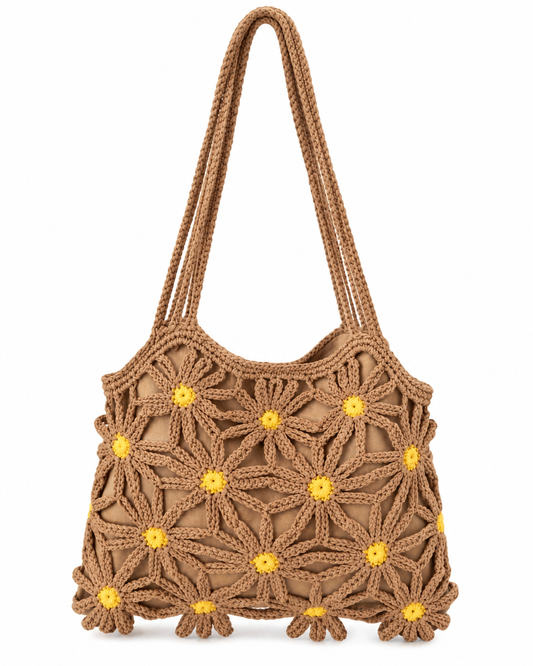 Our global finds Daisy crochet bag, in caramel colour. available in Australia with free delivery