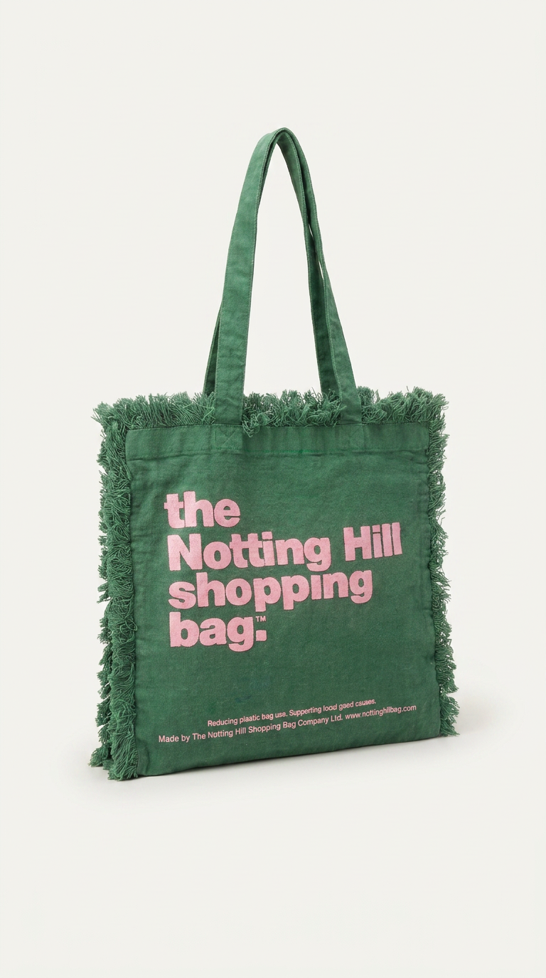a grren freyed collection, notting hill shopping bag, postioned on a angle to show side gusset