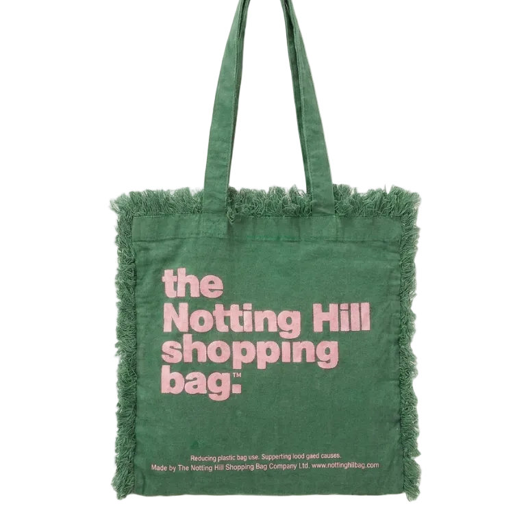 Green Frayed Notting Hill Lifestyle Tote by the Original Notting Hill Shopping Bag Company with signature frayed edge detailing