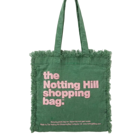 Green Frayed Notting Hill Lifestyle Tote by the Original Notting Hill Shopping Bag Company with signature frayed edge detailing
