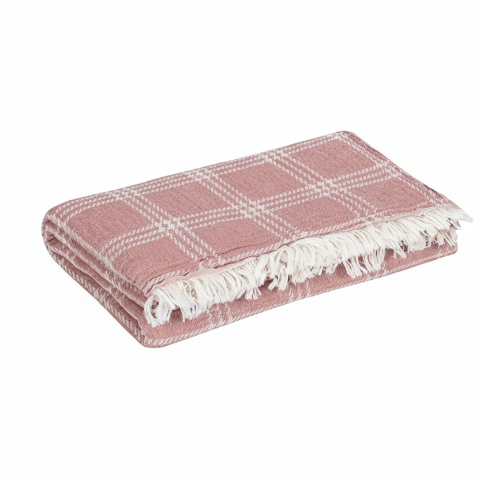 Turkish 100% cotton Peshtemal Pink plaid style towel with white fringe 