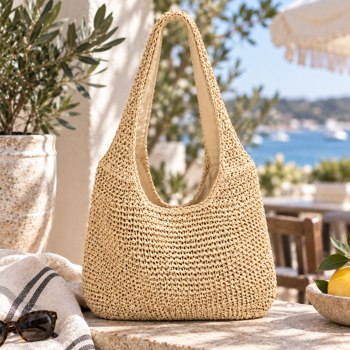 Our global finds Hobo woven bag ,in natural beige, at a cafe. available in Australia and with free delivery