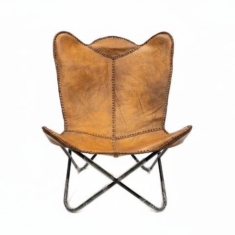Handmade Sri Lankan Buffalo Leather Butterfly chair - Tan, non-embossed