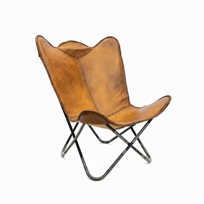 Handmade Sri Lankan Buffalo Leather Butterfly chair - Tan, non-embossed
