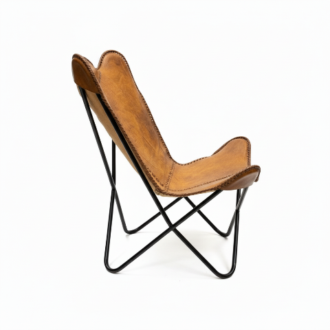 Handmade Sri Lankan Buffalo Leather Butterfly chair - Tan, non-embossed