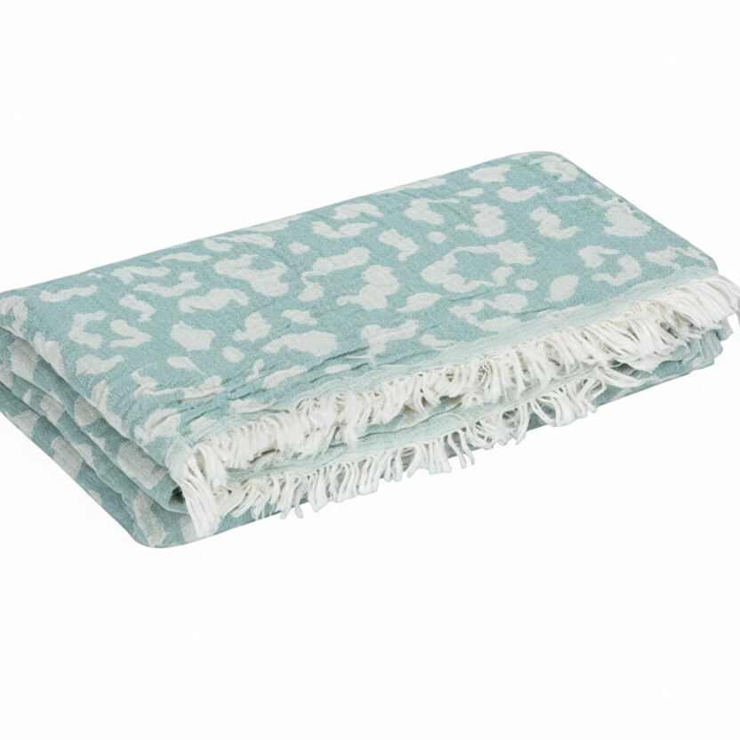 Mint green "Leopard" Peshtemal Towel with frayed edge.