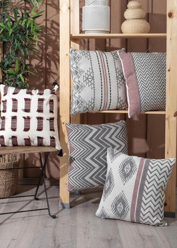 Decorative Modern Turkish Covers  on a wooden shelf 