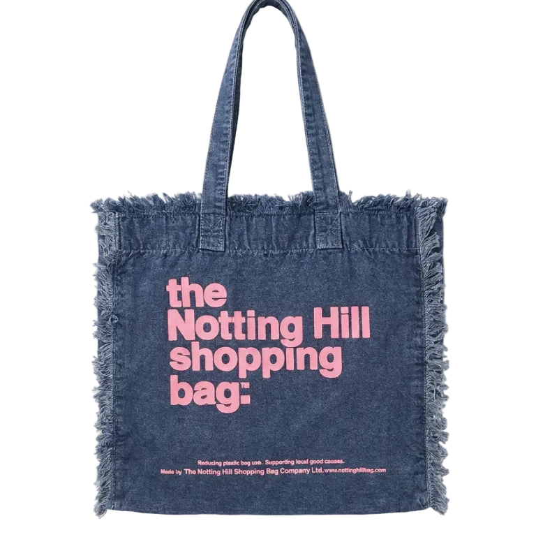 Navy Frayed Notting Hill Lifestyle Tote by the Original Notting Hill Shopping Bag Company with signature frayed edge detailing