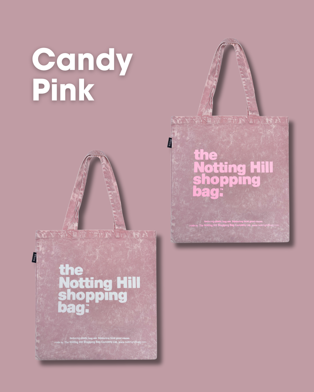 2 Candy Pink Notting Hill Shopping bags, with white wrtiting, and with Pink writing