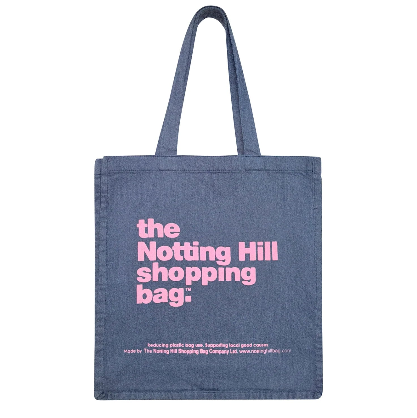 the Notting Hill Shopping bag hand dye collection, in navy blue with pink writing