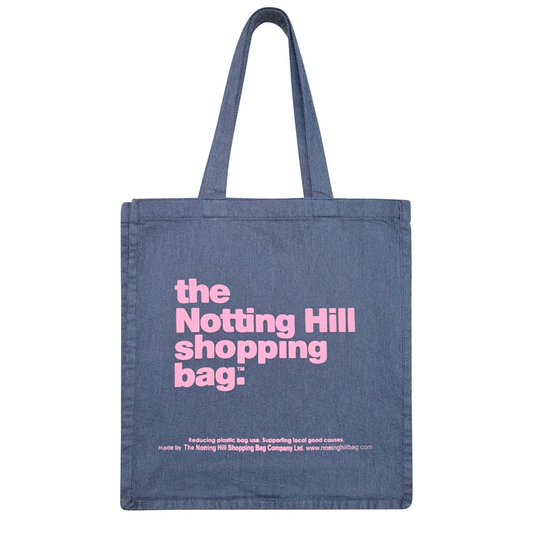 the Notting Hill Shopping bag hand dye collection, in navy blue with pink writing