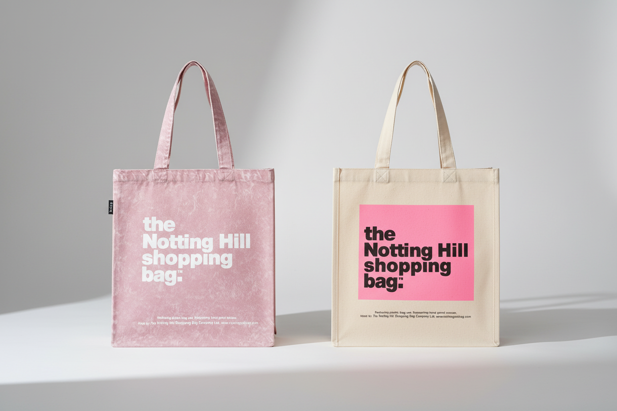 a bundle of two Notting hill shopping bags. the pink colour block series and the limited edition Pink denim series