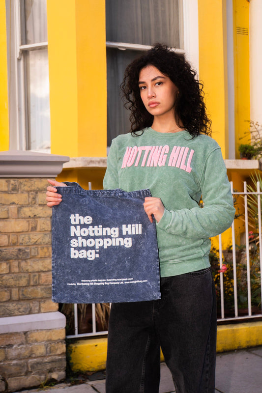 Notting hill shopping bag, basic denim range, blue denim with white writing