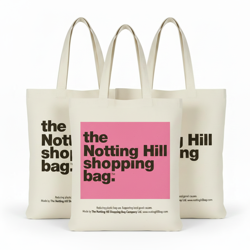 a bundle of 3 notting hill shopping bags, form the shopping tote collection. 2 original bags with 1 pink colour block bag