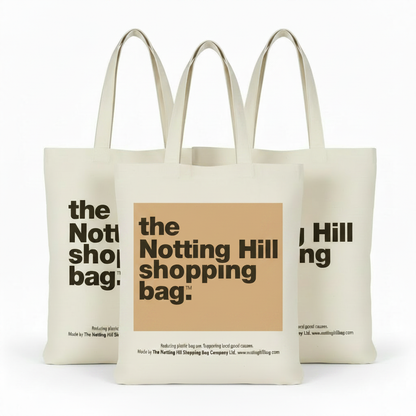 A bundle of three notting hill shopping bags, with 2 original bags and 1 beige colour block bag.