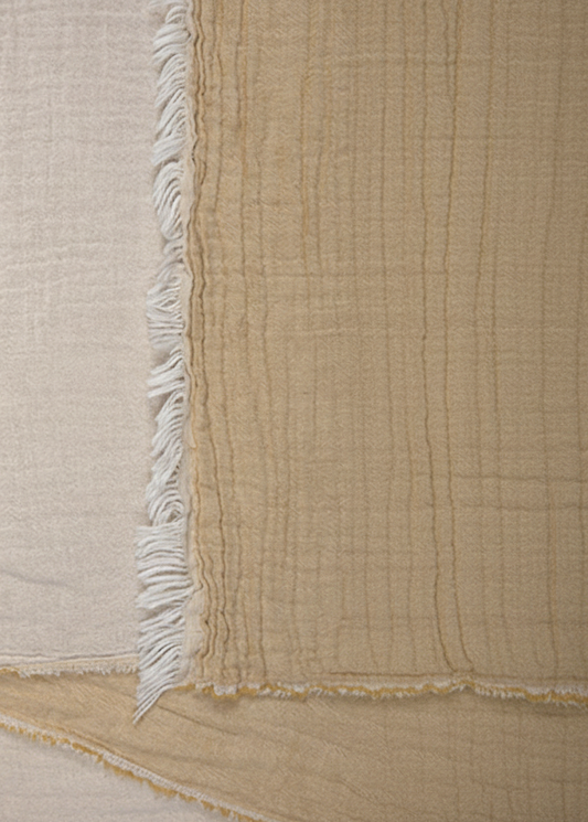 Yellow textured "Nova" Peshtemal Towel with frayed edge.