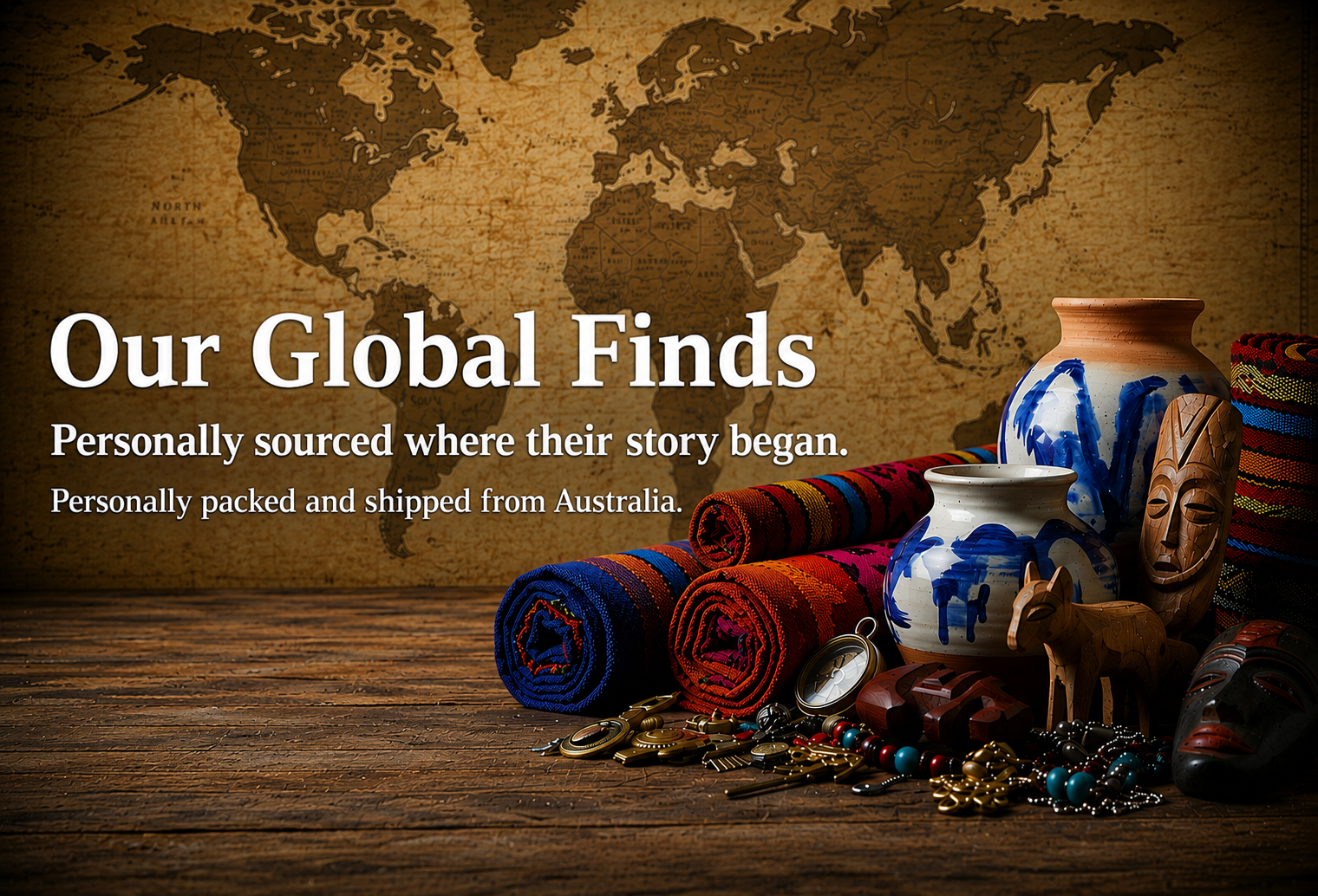 Our Global Finds homepage banner featuring authentic products personally sourced where their story began and packed and shipped in Australia.