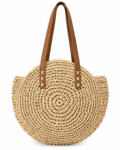 Our global finds Round Woven Bag  in natural material with brown handles. available in Australia and with free delivery