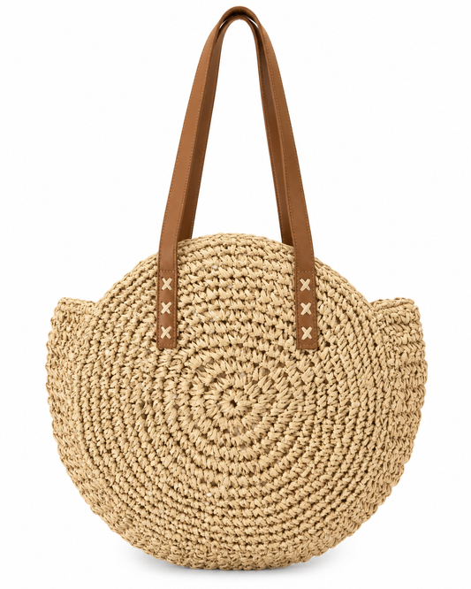 Our global finds Round Woven Bag  in natural material with brown handles. available in Australia and with free delivery