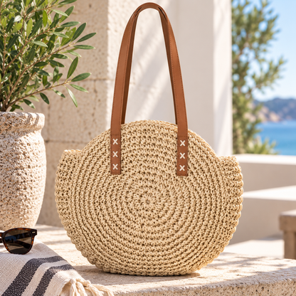 Our global finds Round Woven Bag in natural material with brown handles, near an olive bush and the sea. available in Australia and with free delivery