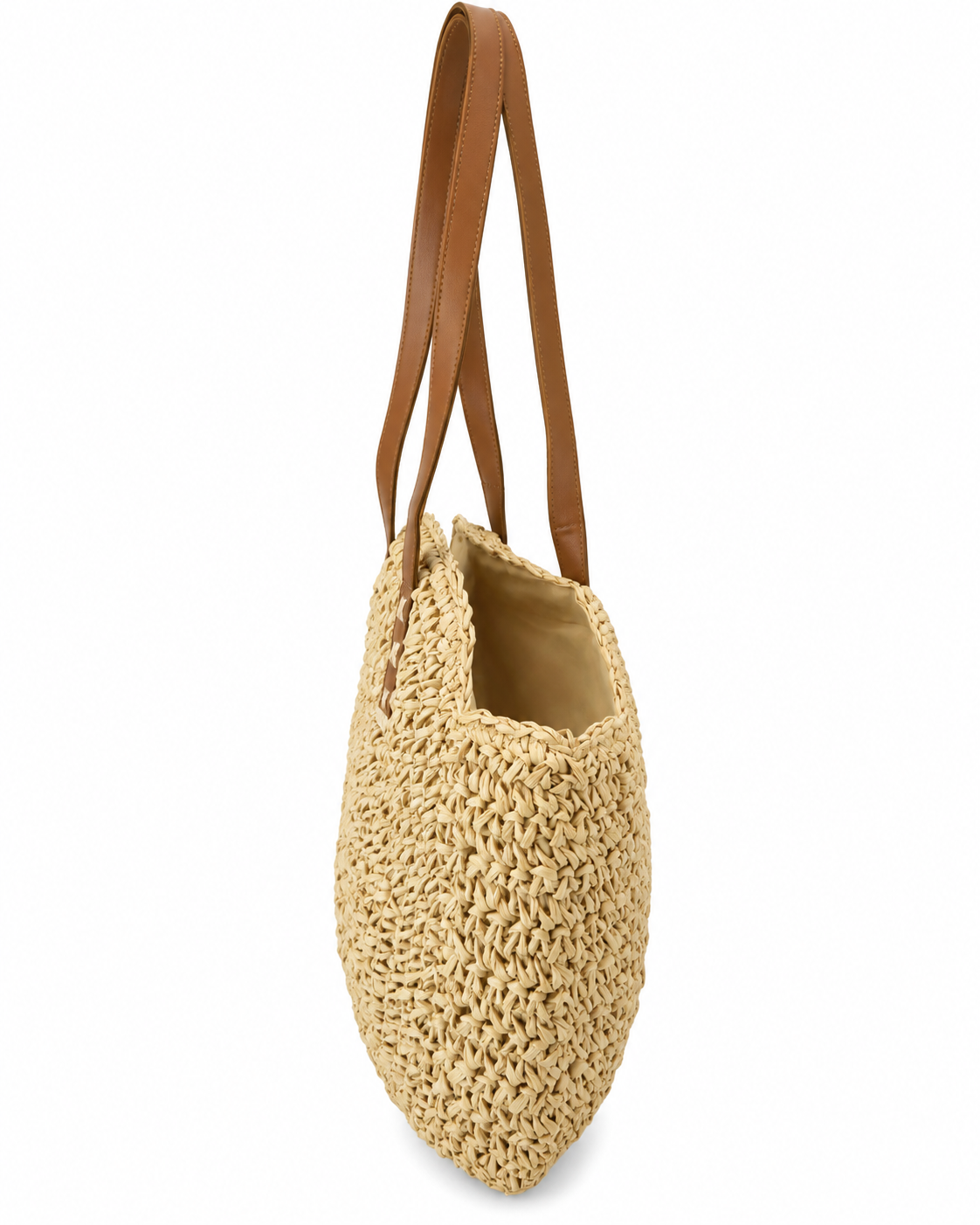 Our global finds Round Woven Bag  in natural material with brown handles, side profile. available in Australia and with free delivery