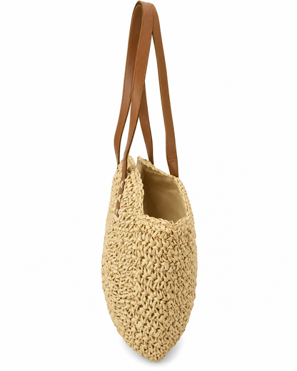 Our global finds Round Woven Bag  in natural material with brown handles, side profile. available in Australia and with free delivery