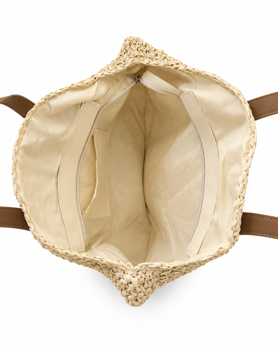 Our global finds Round Woven Bag  in natural material with brown handles, top view showing cotton lining and zip closure. available in Australia and with free delivery