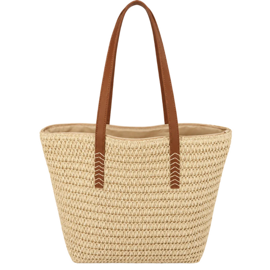 Our global finds Shopper woven bag ,in natural finish, with brown PU leather. available in Australia and with free delivery