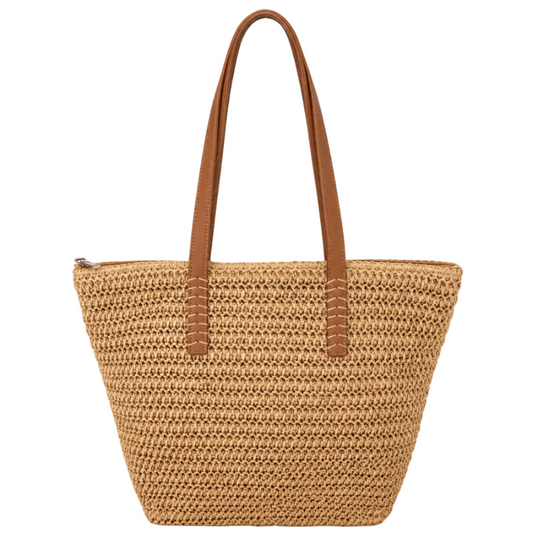 Our global finds Shopper Woven Bag  in tan material with brown handles. available in Australia and with free delivery