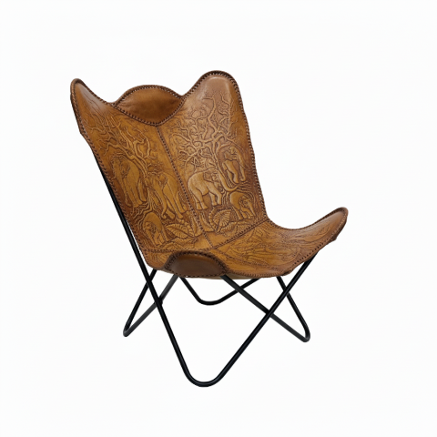 Handmade Sri Lankan Buffalo Leather Butterfly chair - Tan, embossed with elephant design