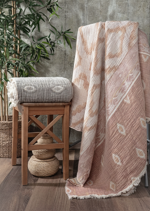 Pink patterned blanket draped over a chair 