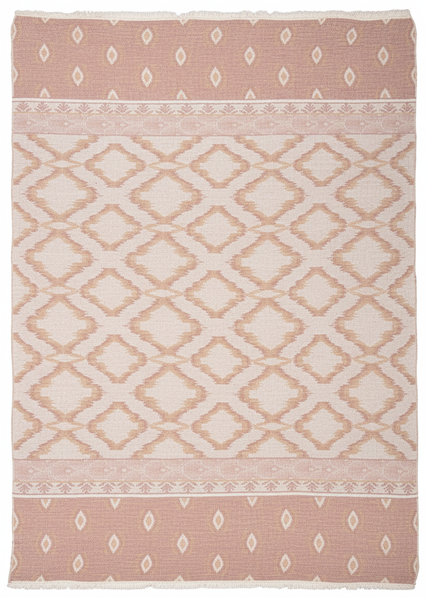 Patterned rug with geometric design in red and white, 