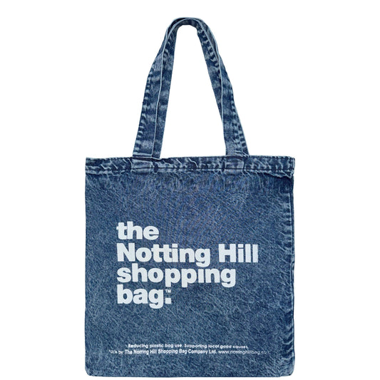 notting hill shopping bag, basic denim range. blue denim bag with white logo