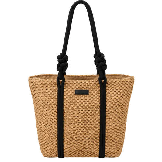 Our global finds Rope Handle Woven Bag, shopper style in Tan material with black rope handles. available in Australia and with free delivery